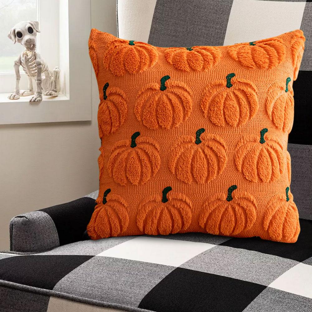 Halloween Pumpkin Fall Throw Pillow Covers Embroidery Soft Faux Fur Pillow Covers Fluffy Plush Accent Pillow Cases for Farmhouse