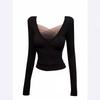 Korean Black Mesh V-neck Front Shoulder Long-sleeved T-shirt Women's Autumn and Winter Tight Slim-fitting Bottoming Shirt with Low-neck Top