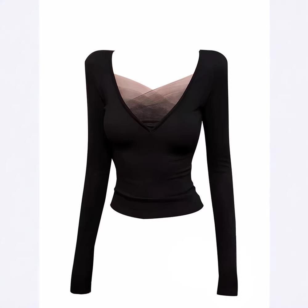 Korean Black Mesh V-neck Front Shoulder Long-sleeved T-shirt Women's Autumn and Winter Tight Slim-fitting Bottoming Shirt with Low-neck Top