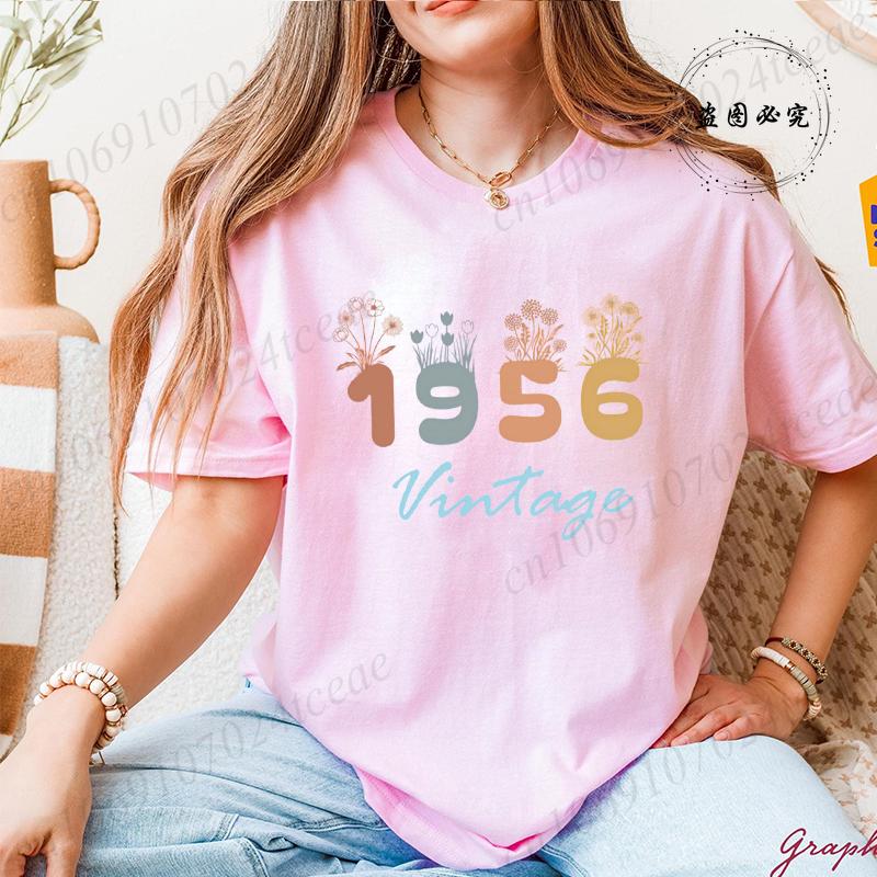 1956 Flower Vintage Tee Unisex Retro Graphic Shirt Short Sleeve Women's Casual T-Shirts Clothing Birthday Gift for Him & Her