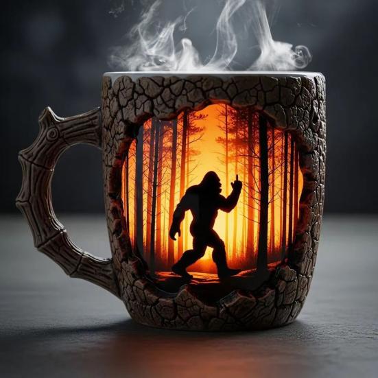 Hrnek Sasquatch Lesní požáry Venkovní hrnek na kávu 3D Vintage hrnek Sasquatch Kempování Halloween Novinka Nádobí na pití