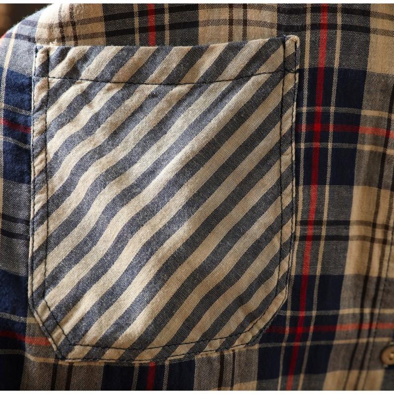 Johnature Women Vintage Plaid Shirts Patchwork Color Turn-down Collar Long Sleeve Button Pockets Blouses Spring Autumn Shirts