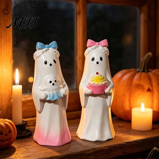 Desktop Decor for Halloween Cute Ghost Ornament, Resin Figurines with Cake/Cookie Small Statues Fireplace Design Home Holiday Party Decoration