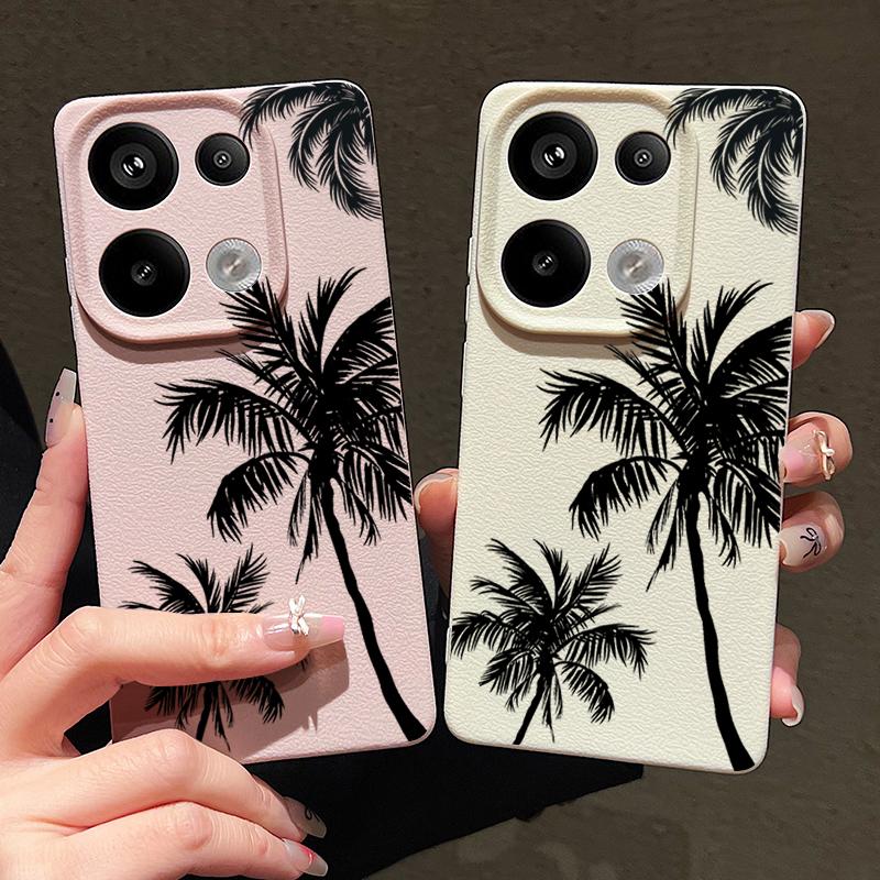 Coconut Tree Print Leather Texture Case For Xiaomi 13T Poco X7 X6 Redmi Note 14 Pro 13 12 11 Matte Shockproof TPU Soft Phone Cover