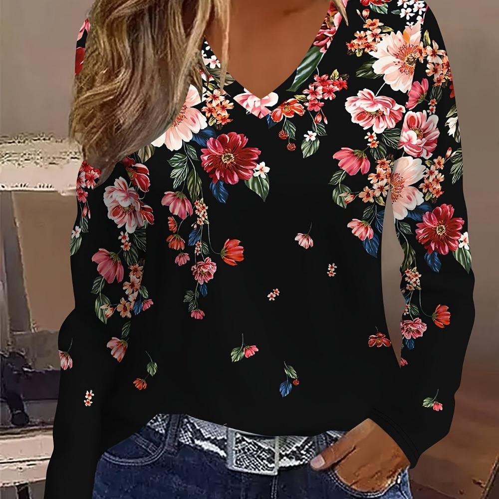 Fashion Elegant Abstract Floral Painting V-Neck Long Sleeve T-Shirt, Casual Stylish Long Sleeve Shirt, Women'S Outerwear Top