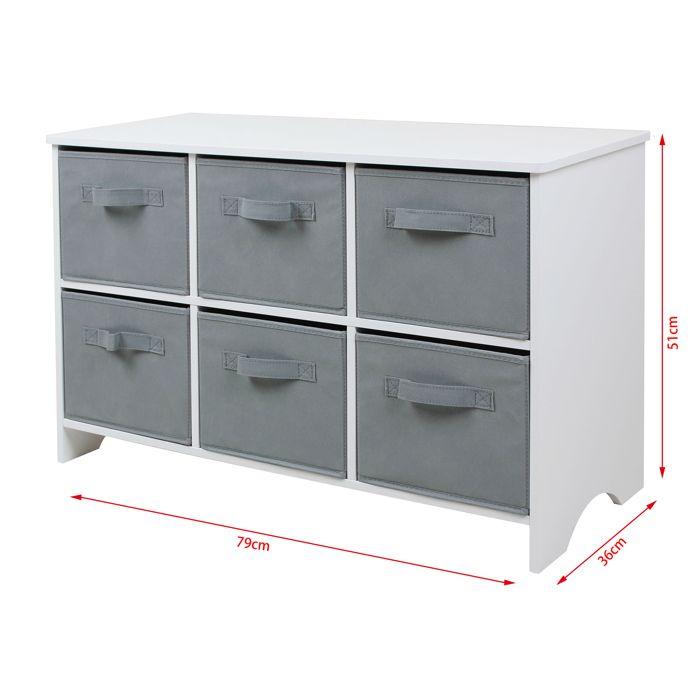 GINGER HOME Children's Chest of Drawers – 6 Fabric Bin Storage Unit, MDF Wood, Grey and White, 79x36x51 Cm