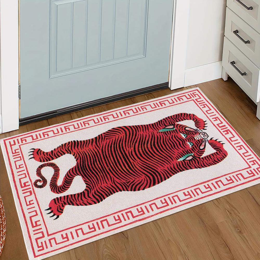 Butterfly Tiger Welcome Door Mat with Pattern Mat for Kitchen Bathroom Checkered Border Bedroom Rugs Home Decoration Carpet