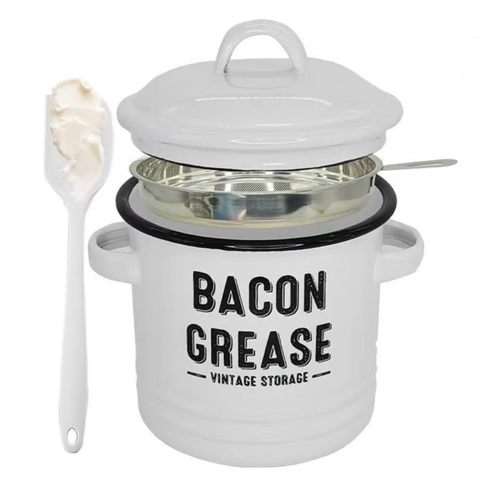 New Large 46 Oz Bacon Grease Container with Strainer Cooking Up Faat Catcher Bacon Grease Saver Enamel Kitchen Oil Storage Can