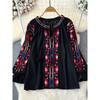 Ethnic Style Retro Embroider Tops Women's Clothing 2024 Summer New Arrival Loose Lace-up Slim Fit Slimming Puff Sleeve Shirt