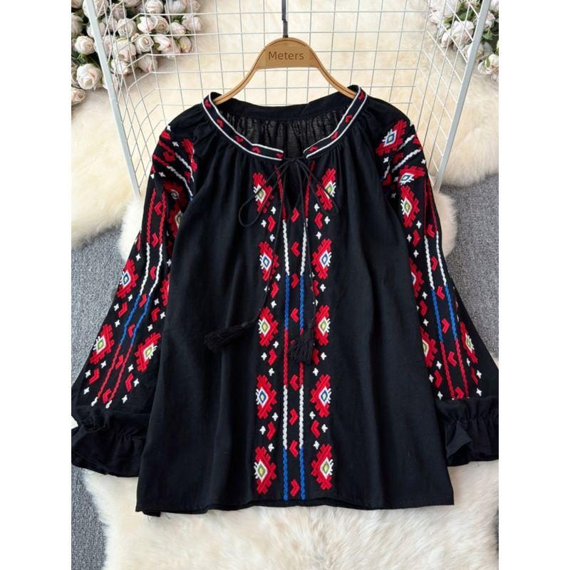 Ethnic Style Retro Embroider Tops Women's Clothing 2024 Summer New Arrival Loose Lace-up Slim Fit Slimming Puff Sleeve Shirt