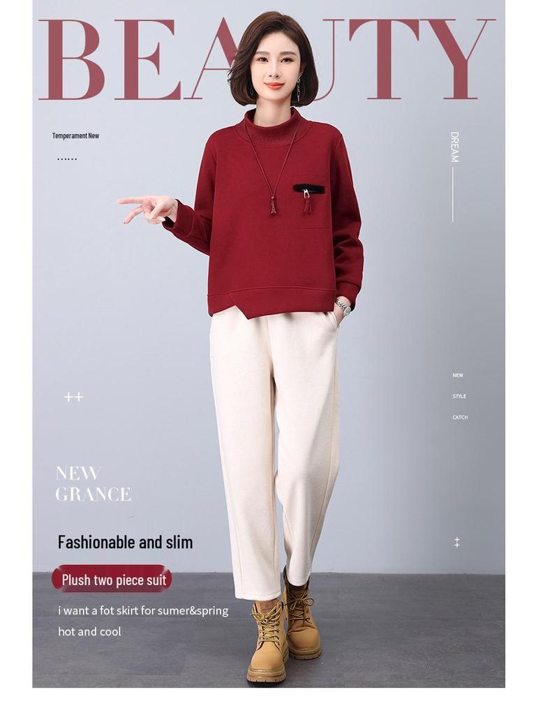 2024 Korean Style Petite Mom Casual Fashion Sweatshirt Two-Piece Set