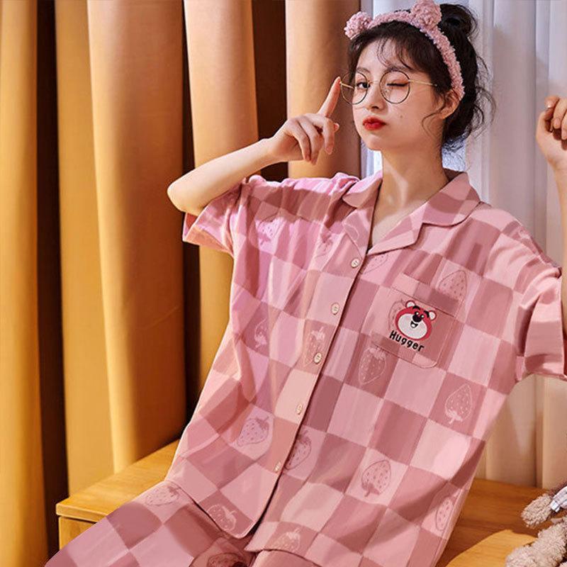 Summer Imitation Cotton Pajamas Women's Korean Simple Striped Women's Cardigan Short-sleeved Plus Size Casual Loungewear Set