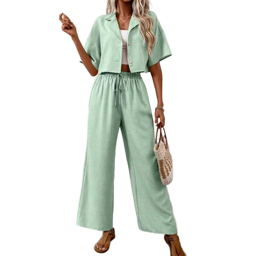 Damen Zweiteiler Lässig Locker Kurzarm Kragen Button-Down Oberteile und Elastischer Bund Kordelzug Weitbeinige Hosen