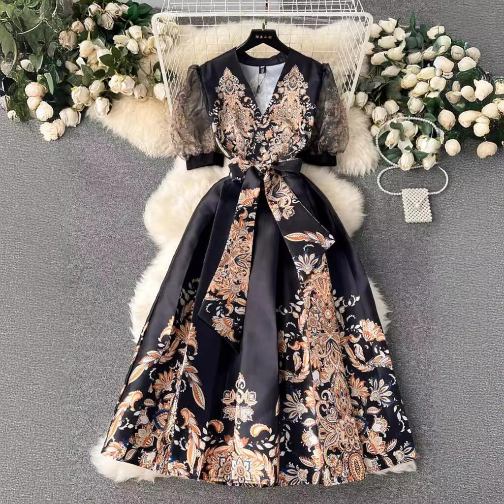 Designer blomstertrykk feriekjole kvinner palassstil high-end Elegant kjendis Midi lang kortermet vestidos