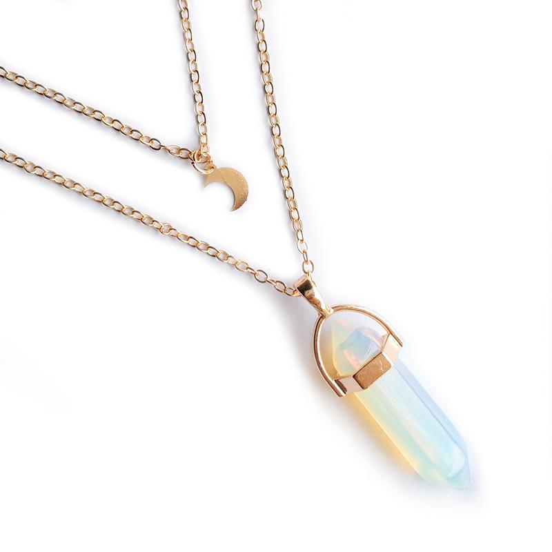 Natural Stone Hexagonal Moon Pendant Double-Layer Necklace - Stylish and Unique