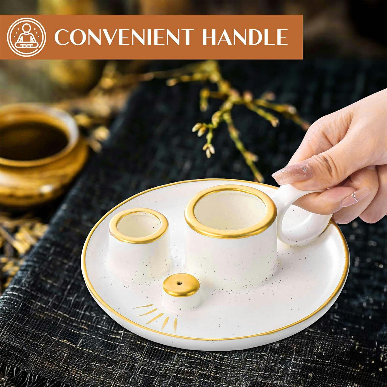 

Sage Holder Ceramic Incense Burner Bowl Candle Stick Holder Tray for Meditation White+Gold