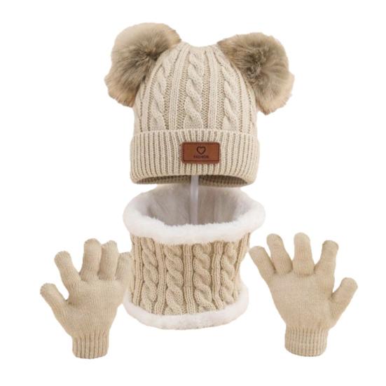 Yousheng 3Pcs/Set Kids Winter Hat Scarf Gloves Set Two Plush Ball Decor Twist Texture Brimless Hat Knitting Gloves Fleece Lining Neck Gaiter Set