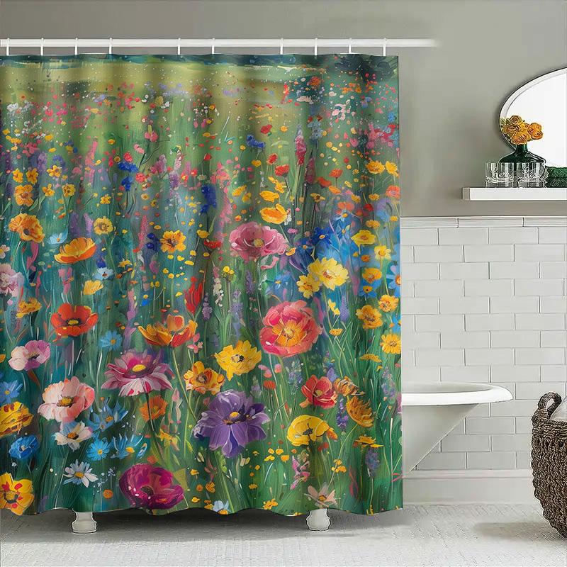 Bunter Blumen Duschvorhang Dekorativer Bedruckter Stoff Heim Badezimmer Wasserdichte Badematte 3D Blumenprint Duschvorleger Pink