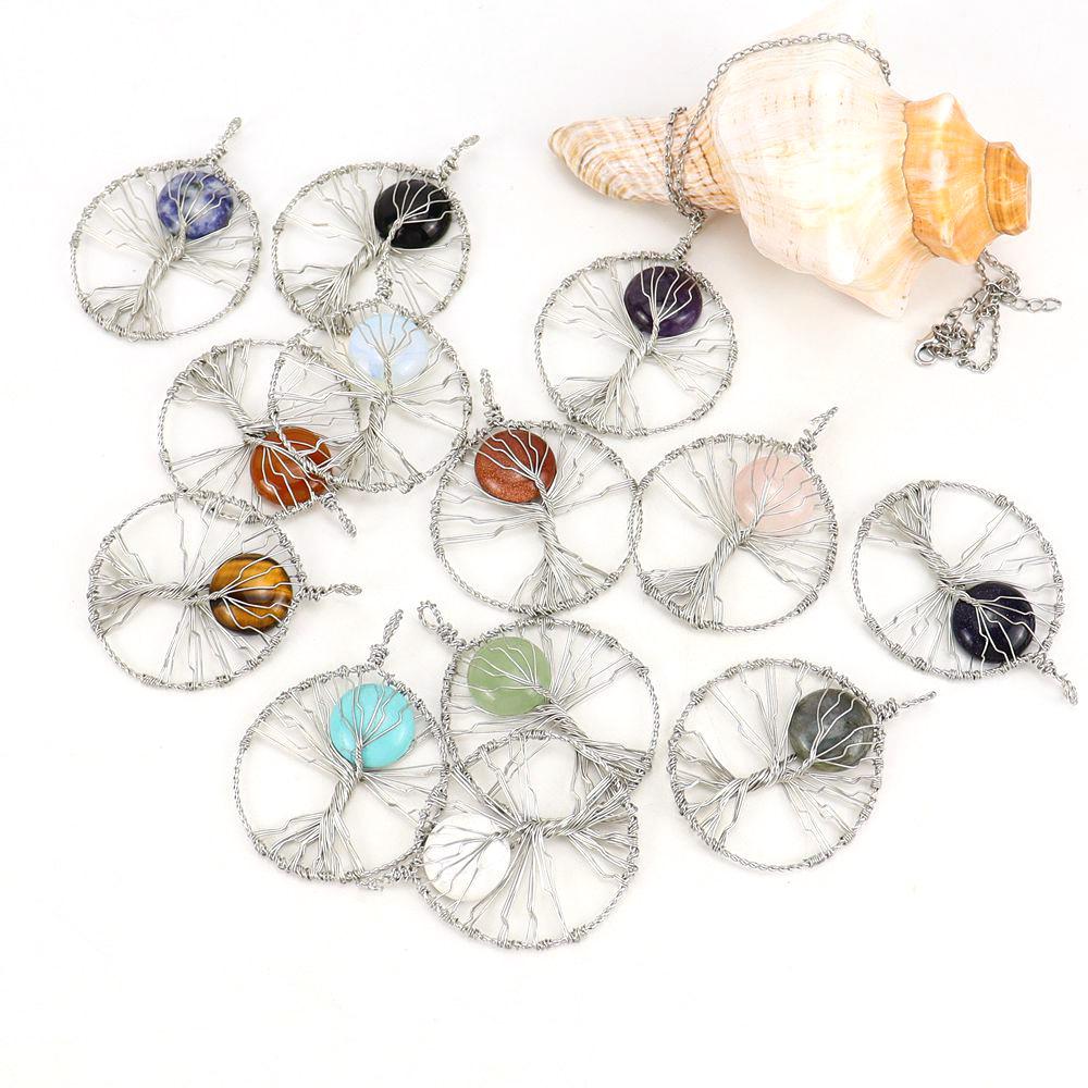Hand-Wrapped Natural Crystal Agate Disc Tree Of Life Pendant Necklace N116