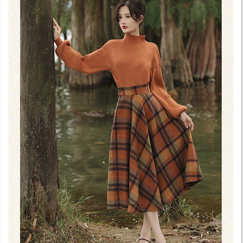 Women's Autumn Winter Vintage Plaid Long Skirts Sweater Two-Piece Set French Lady Graceful Knit Pullover High Waist Skirt Outfit
