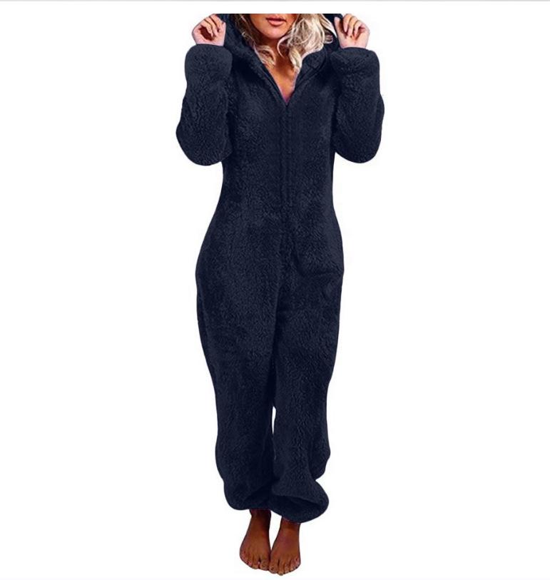 2024 Trendy EU & US Fall/Winter Fleece-Lined Thick Hooded Jumpsuit Pajamas for Women