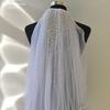 Wavy Edge Tulle Bridal Veil Mixed Size Scattered Pearl Hand Sewn Short Mid Length Wedding Veil With Comb For Strapless Gown Elopement Portrait Shoot