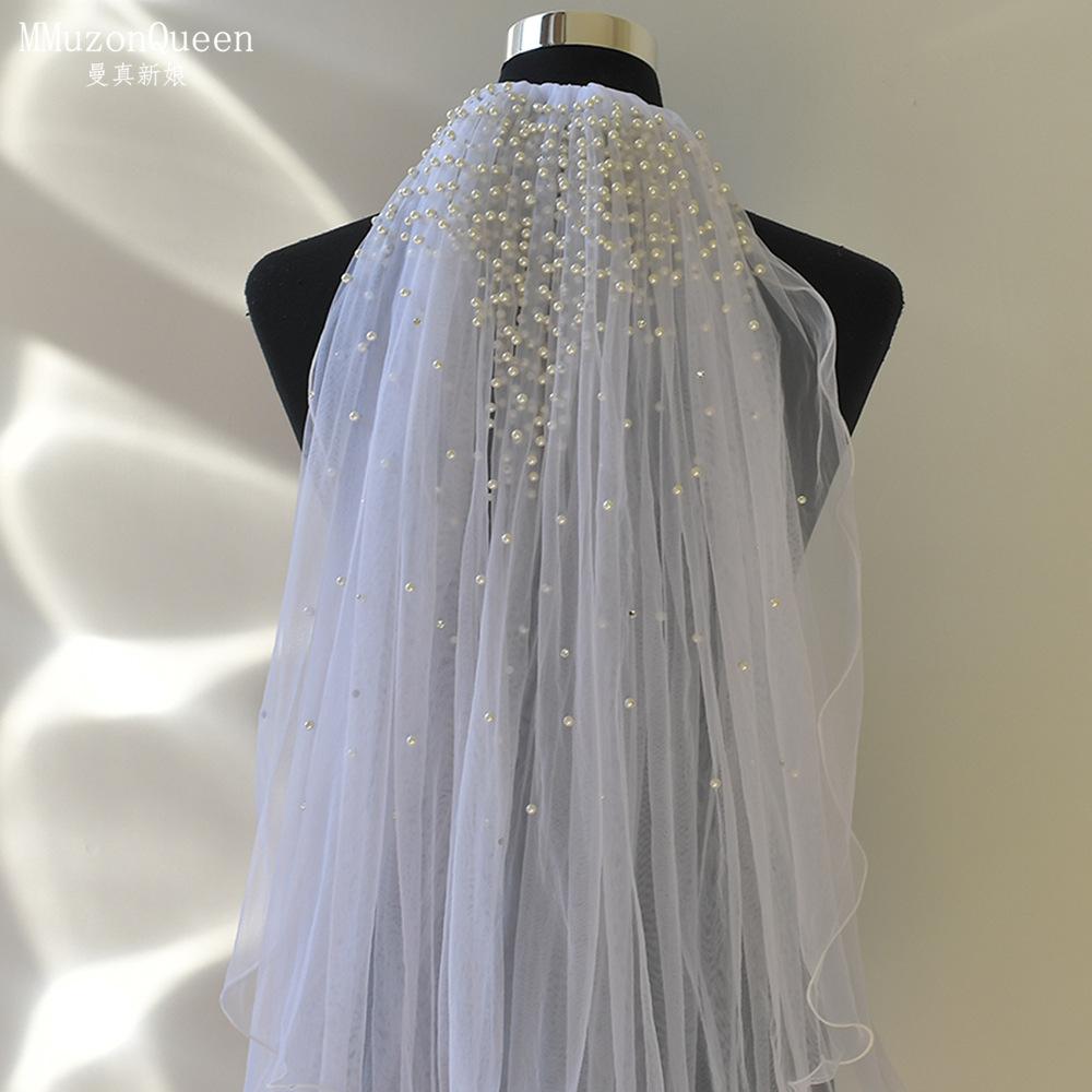 Wavy Edge Tulle Bridal Veil Mixed Size Scattered Pearl Hand Sewn Short Mid Length Wedding Veil With Comb For Strapless Gown Elopement Portrait Shoot