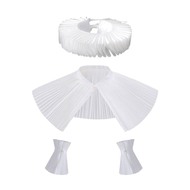 

White Ruffle Neck Cuff False Collar and Wrist Cuffs Set for Theme Parties and Elegant Victorian Dress Up Accessories