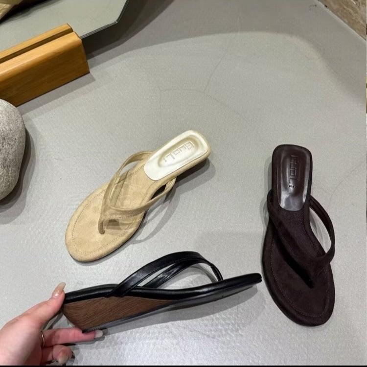 High sense of high heel summer new toe high heel drag versatile outer wear round head slope heel flip-flops women