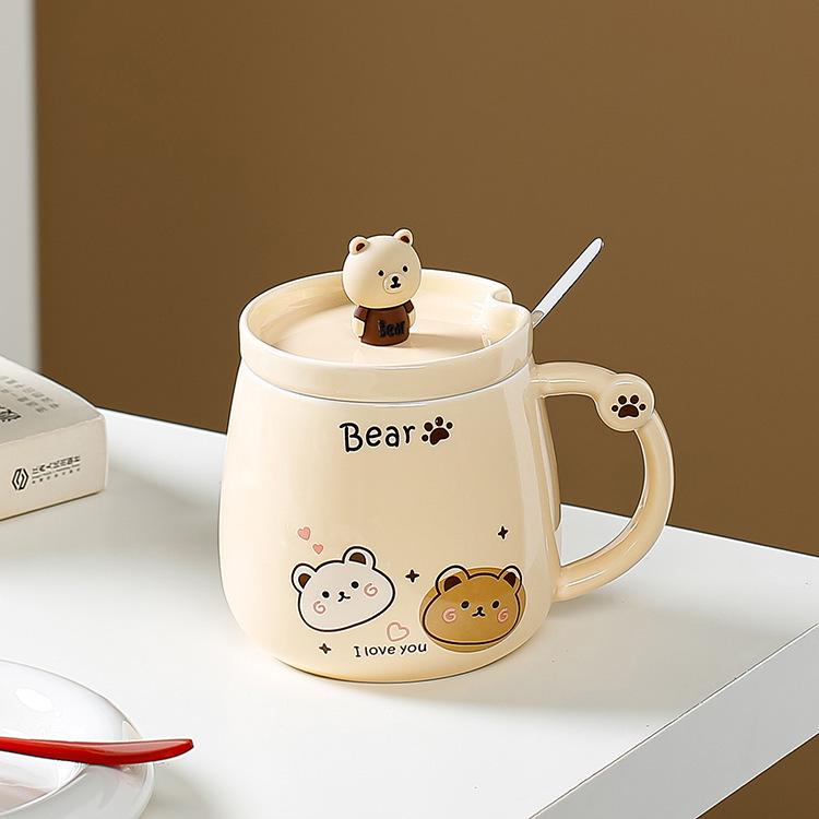 Cartoon-Bär Keramiktasse mit Deckel & Löffel - Niedliche Trinkbecher für Studenten & Festivalgeschenk