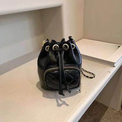 PU Chain Shoulder Strap Bucket Crossbody Bags Ladies Bags  Solid Color Zipper Shoulder Bags