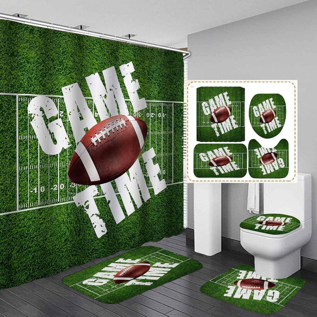 Sport Game Fabric Shower Curtain Set Cool Basketball Soccer Volleyball Rugby Baseball Graffiti Sports Theme Bathroom Set Decor