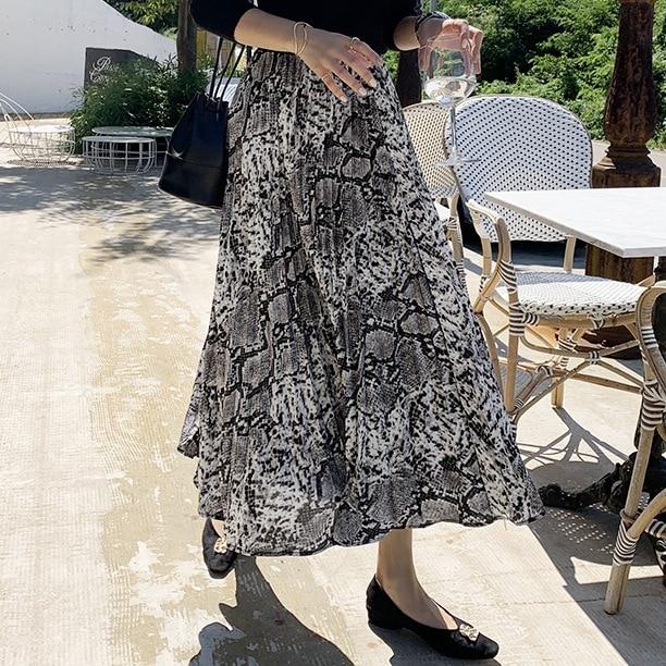 Qooth Summer Mid Length Pleated Skirt Leopard Print Chiffon Skirt Casual Elegant Women Skirts QT120
