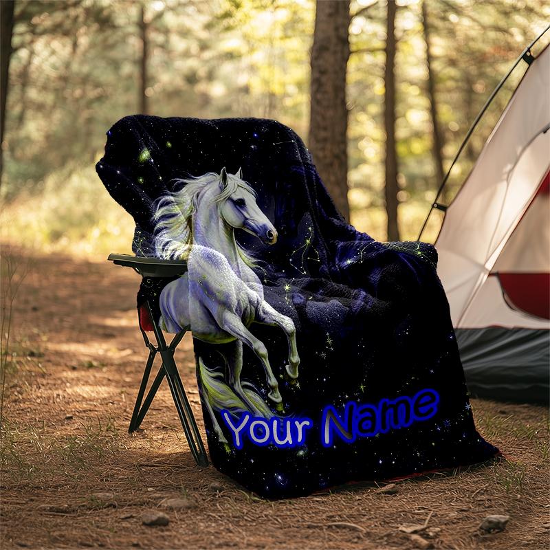 1PC Custom Name "Galactic Horse Dance" flannel blanket versatile,all-season throw suitable for the living room,bedroom,camping,travel,and gift