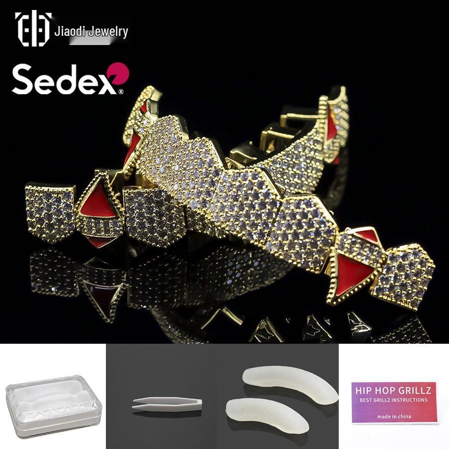 Grillz din Cupru Placat cu Aur Real de 14K și Zirconiu – Halloween Hip Hop Exagerat Rap Bijuterii pentru Dinți cu Diamante