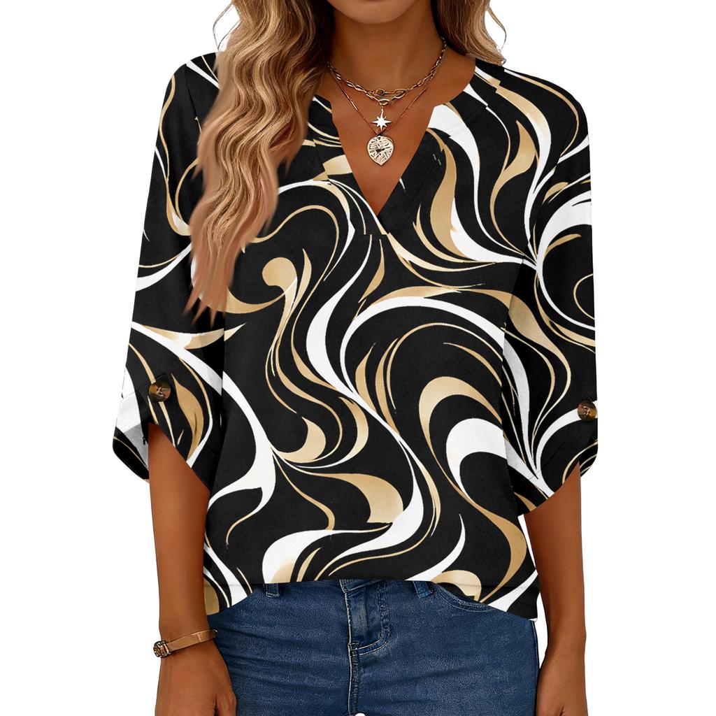 Women Casual V Neck 3/4 Sleeve Blouse with Roll Tab Sleeves Loose Fit Printed Top for Everyday Office Wear