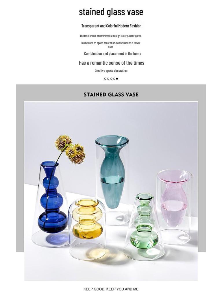 European Glass Rattan Aroma Vase - Double Layer, Colored Glass, Flameless Hydroponic for Living Room