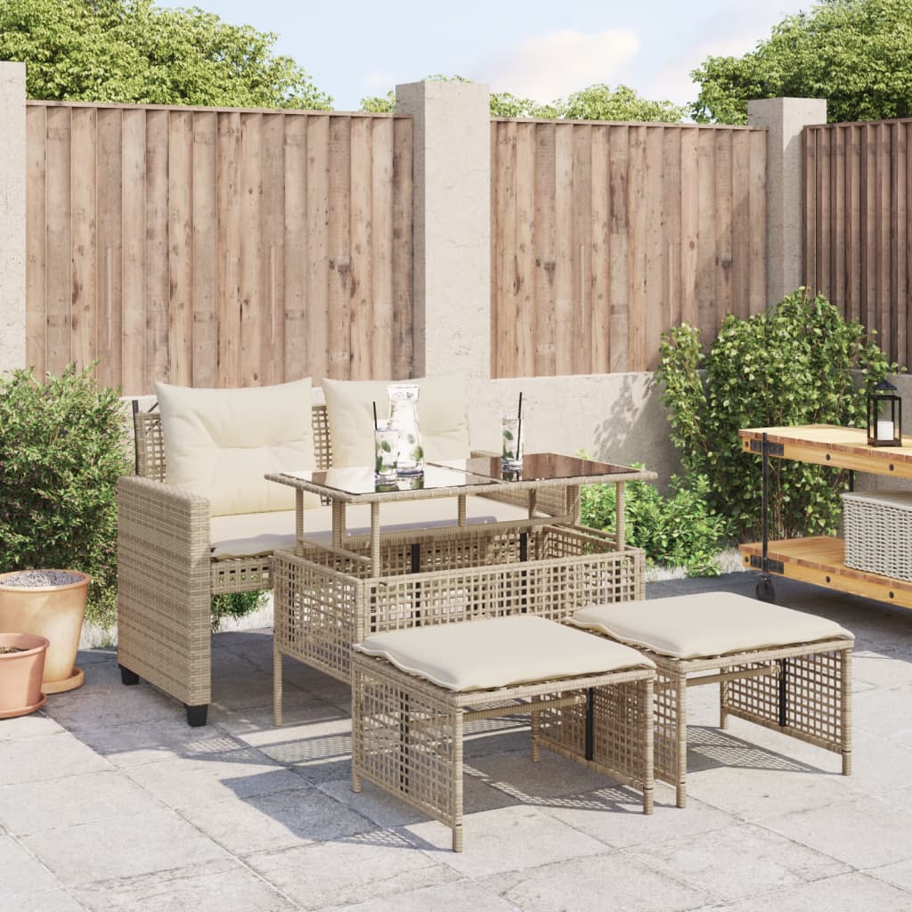 4 Piece Outdoor Sofa Set with Cushions Beige Poly Rattan Glass Table
