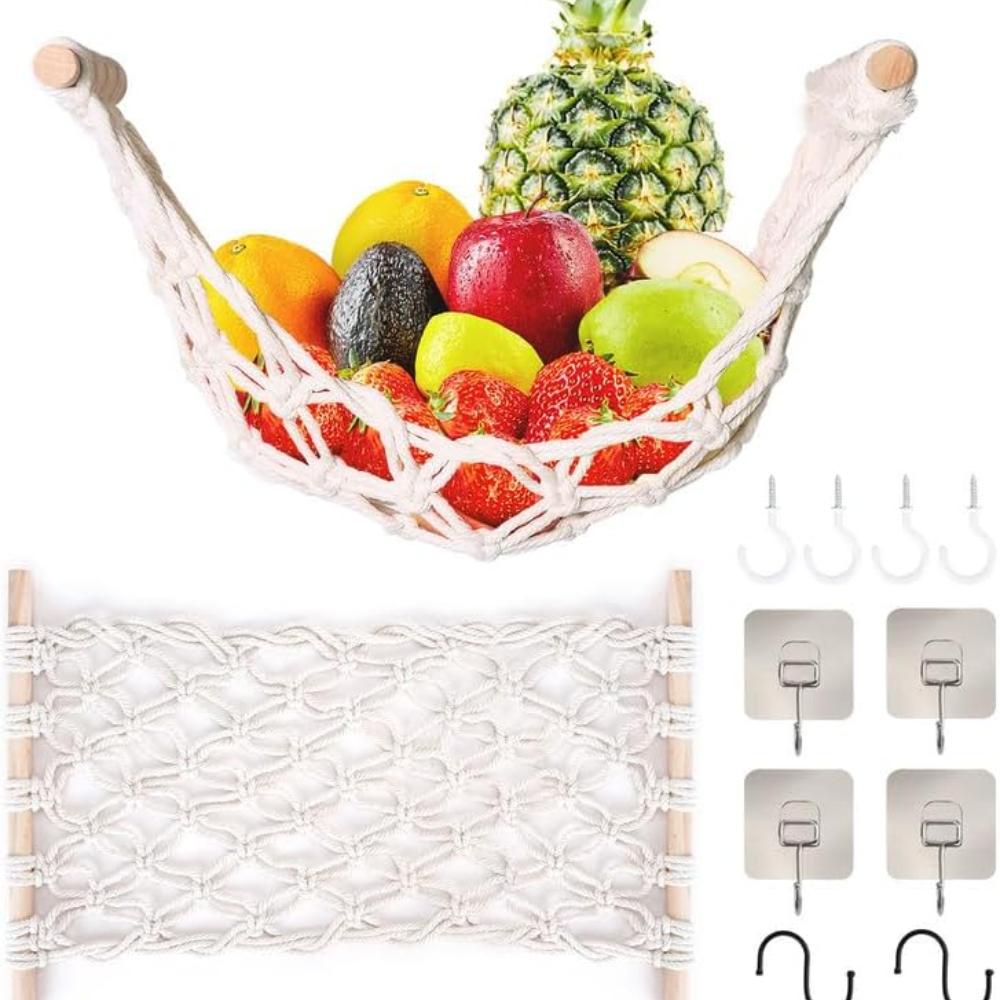 Fruit Basket Hammock Under Cabinet Adhesive, Woven Vegetable Hanging Basket, Fruit Storage for Kitchen with Banana Hook, Mesh Fruits Holder Organizati
