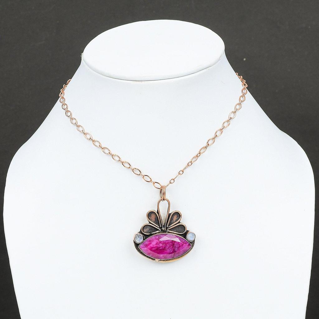 Faceted Kashmir Ruby Pendant Rainbow Moonstone Pendant Copper Pendant Amazing Pendant Gemstone Pendant Handmade Jewelry Gift For Engagement