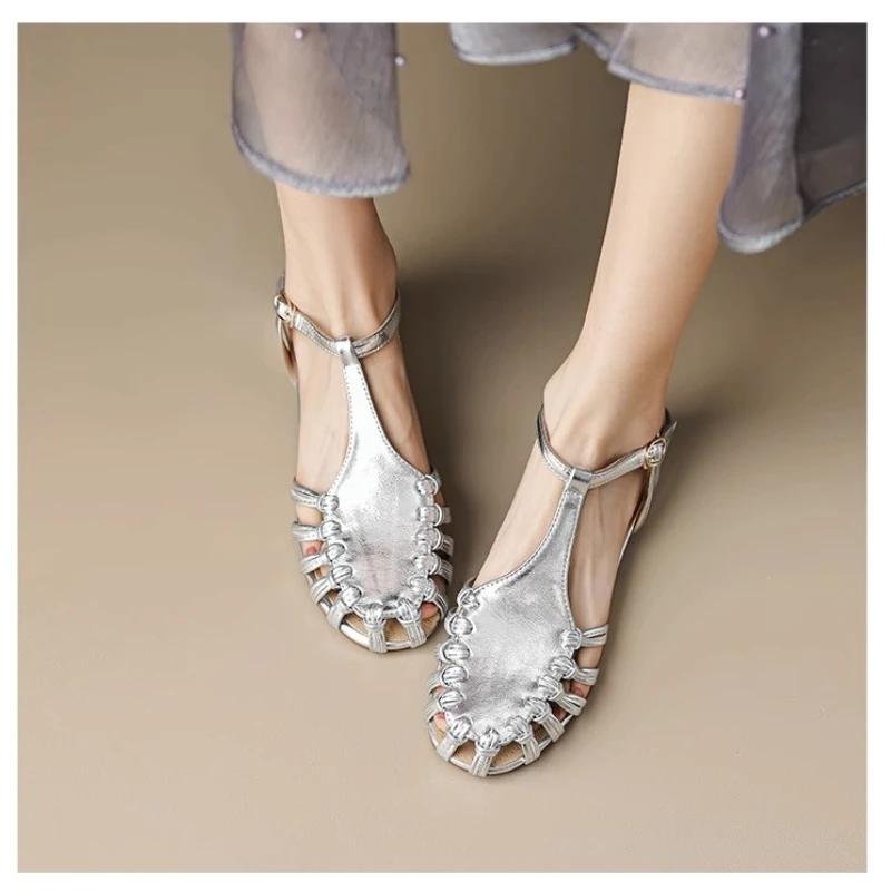 Mode 2024 Été Sandales Femme Argent Or Luxe Cuir Lanière Tissé Sandales Romaines Mode Boucle Cheville Talons Larges Sandales Femme