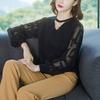 Korean Fashion Spring Sweaters Women's V-Neck Printing Patchwork Hollow Out Elegant All-match Loose Long Sleeve Knitting Tops