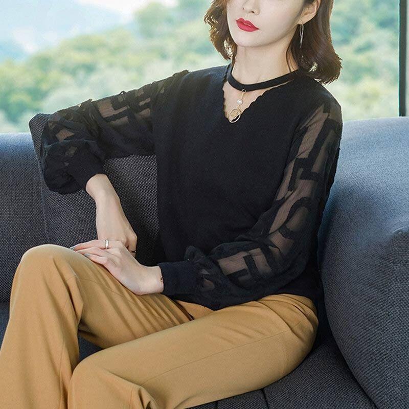 Korean Fashion Spring Sweaters Women's V-Neck Printing Patchwork Hollow Out Elegant All-match Loose Long Sleeve Knitting Tops