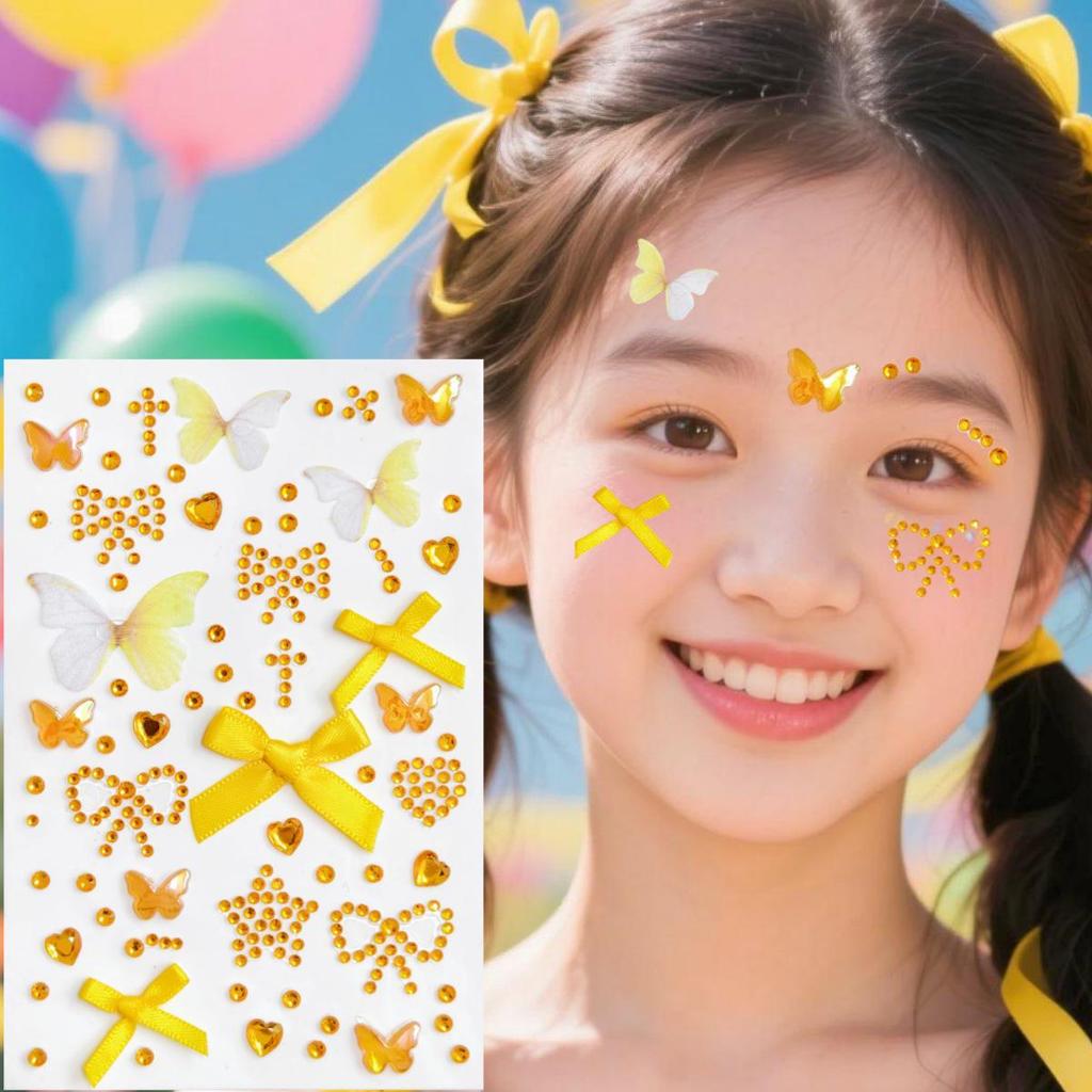 Yellow Rhinestone Heart Bow Face & Nail Stickers