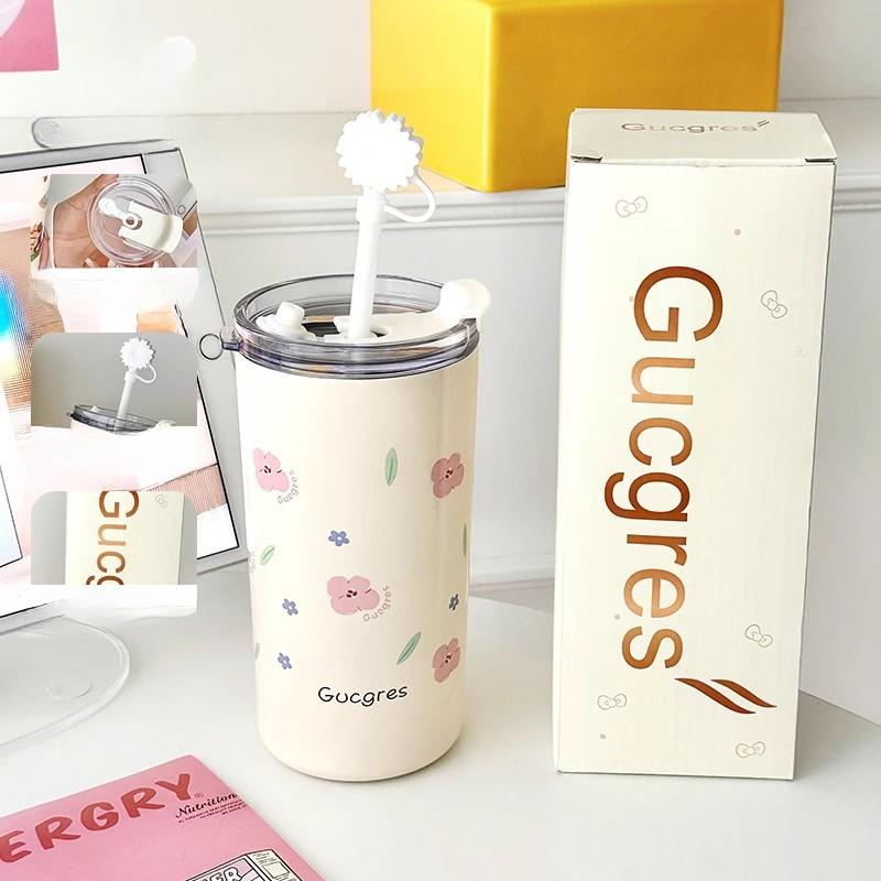 

Термос-чашка Ins Cup Маленькая чашка для свежего кофе с трубочкой Double Drink Bear Высокий уровень внешнего вида из нержавеющей стали Wind Camping Girl 500ml