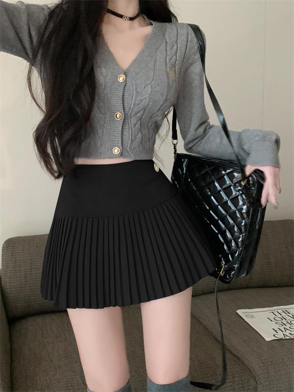 Syvent Black Pleated Mini Mini Solid High Sizes 12F001 Skirt, A-Line, Length, Color, Waist, Cute, Casual, S, M, L, XL, Women's, Spring, Summer,