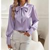 Standing Collar Bow Long Sleeved Women's Satin Shirt, Elegant and Slim Fit, Suitable for Commuting To Work