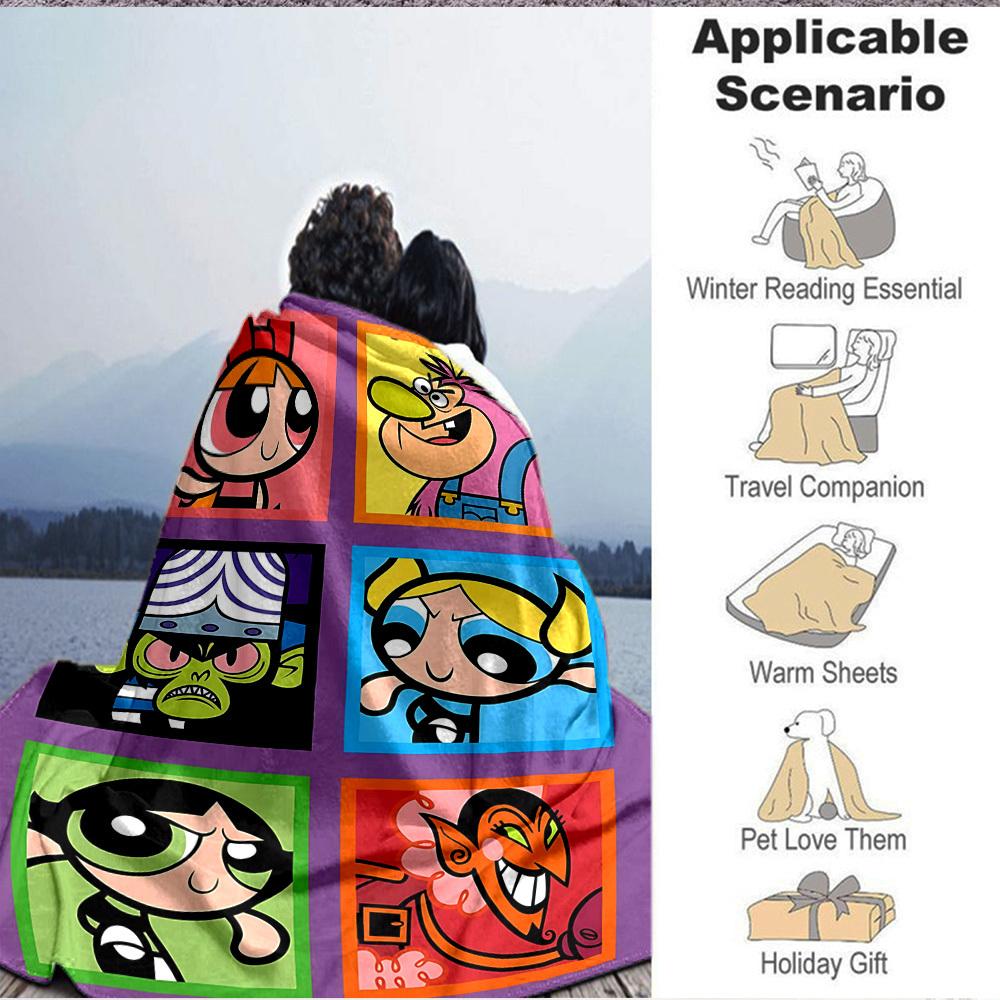 1PC Powerpuff Girls Blanket Soft Warm All Season Throw for Sofa, Bed, Car, Office Vibrant Colorful Design, Durable & Cozy Gift
