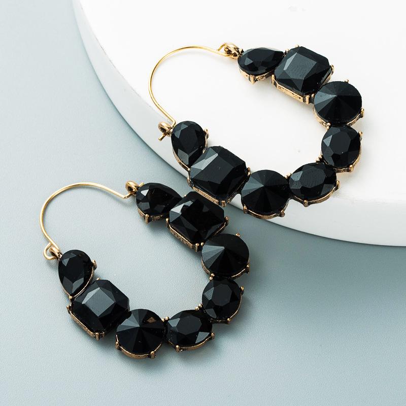 Women Hoop Earrings Exaggerate Geometric Alloy Inlaid Color Rhinestone Temperament Super Flash Full Crystal Small Earrings