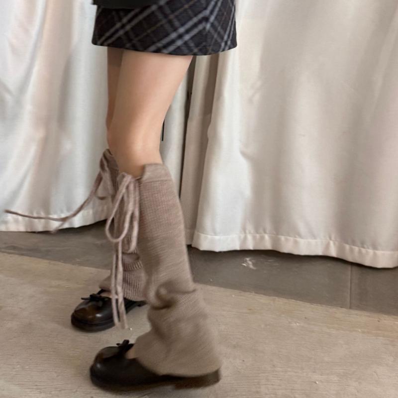Women Ribbed Knitted Leg Sleeves with Ties Drawstring for Winter Warmth Vertical Striped Leg Warmers Footless Boot Socks